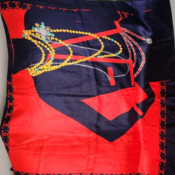 Chanel silk scarf, dark blue, red and gold. - Picture 1 of 3